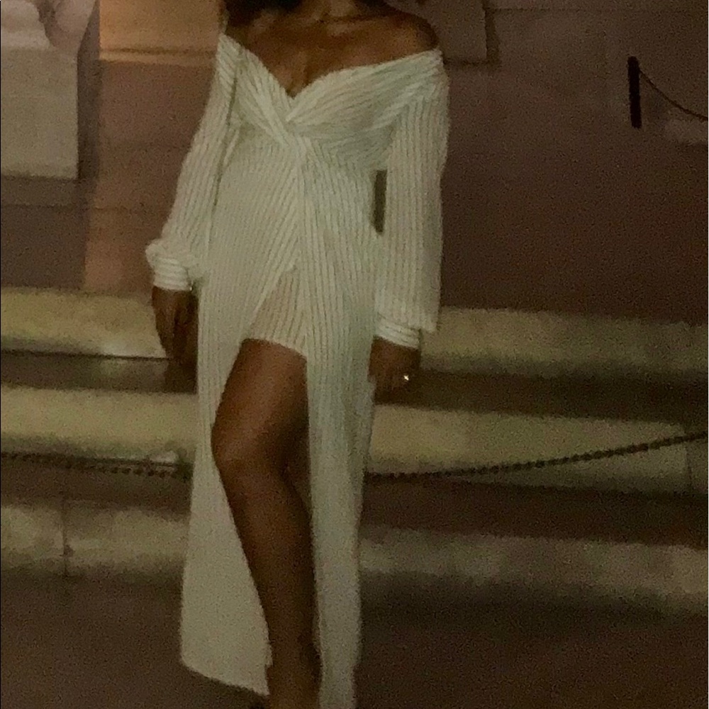 White and black striped maxi dress with a slit